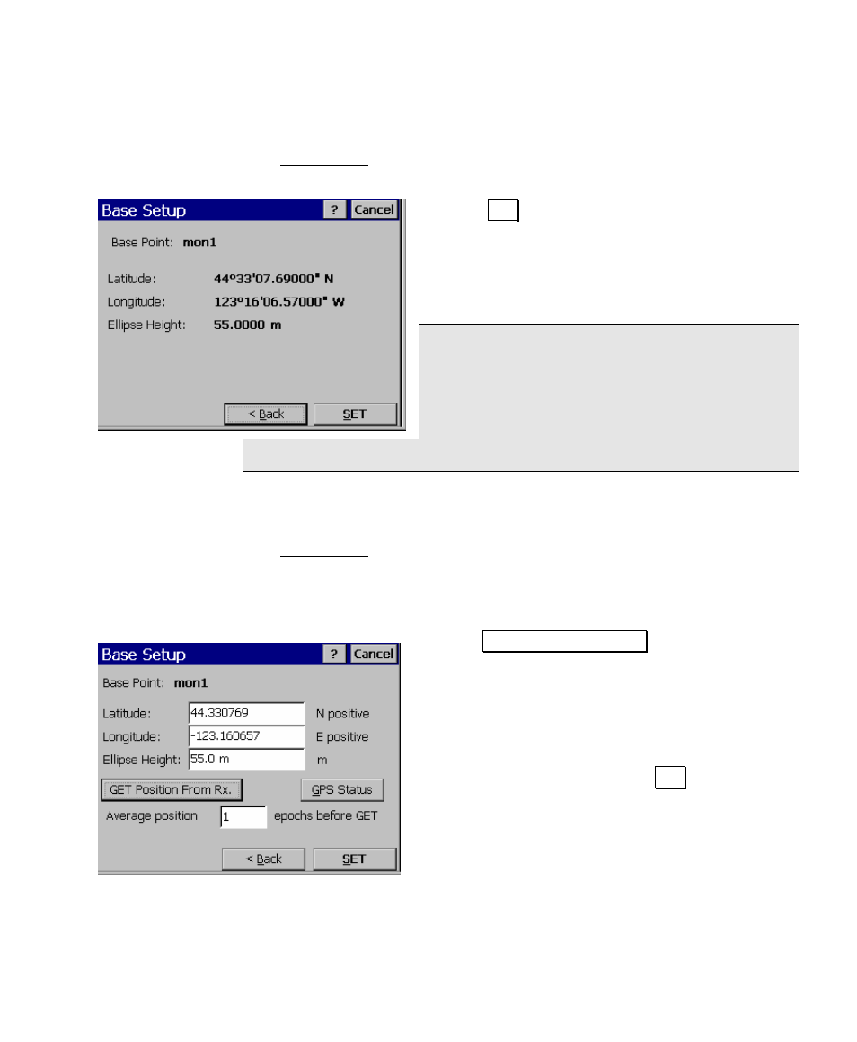 Base setup two – set, Base setup two - get and set | Spectra Precision Survey Pro v4.5 Ranger User Manual User Manual | Page 251 / 339