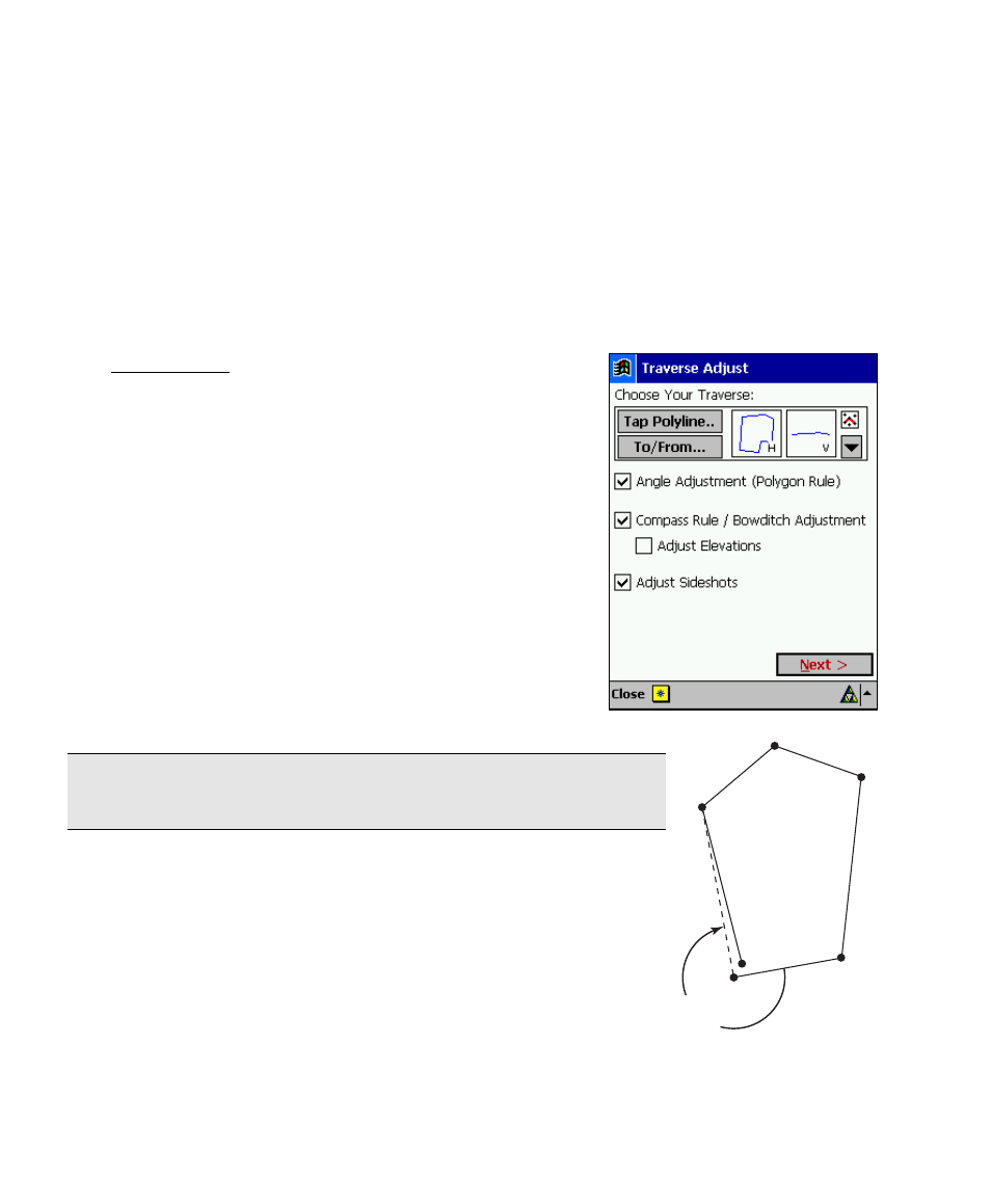 Traverse adjust, Angle adjust, Parabolic curve layout | Spectra Precision Survey Pro v4.5 Recon and Nomad User Manual User Manual | Page 190 / 379