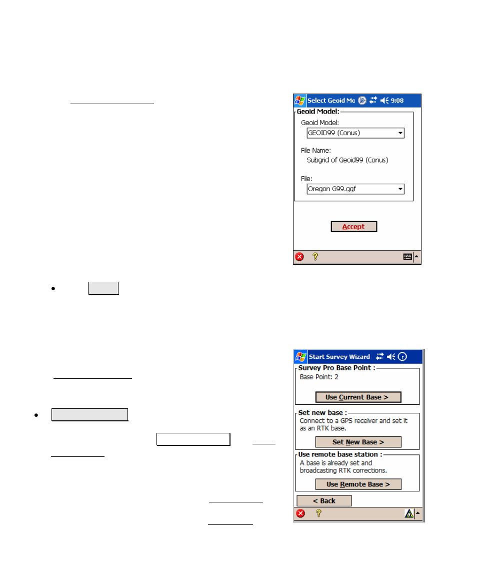 Start gps survey – choose geoid, Start gps survey – choose base setup | Spectra Precision Survey Pro v4.5 Recon and Nomad User Manual User Manual | Page 270 / 379