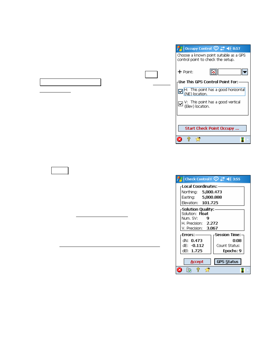 Collect check point prompt, Collect check point screen | Spectra Precision Survey Pro v4.5 Recon and Nomad User Manual User Manual | Page 370 / 379