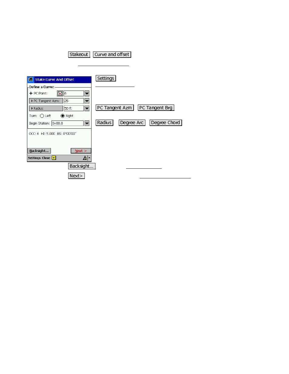 Stake curve and offset | Spectra Precision Survey Pro v3.80 Recon iPAQ Reference Manual User Manual | Page 143 / 261