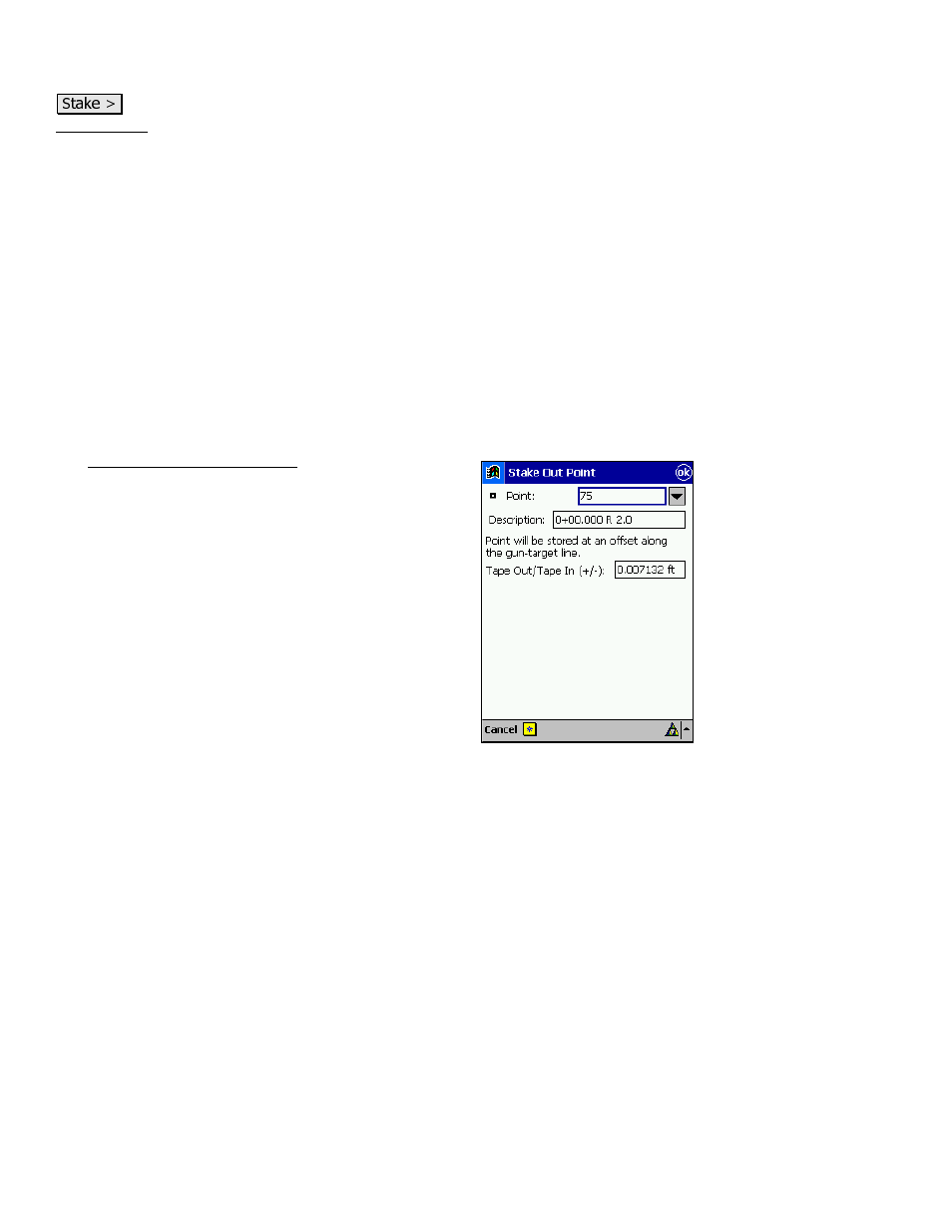 Screen summary, Stake out point (store/tape) screen | Spectra Precision Survey Pro v3.80 Recon iPAQ Reference Manual User Manual | Page 146 / 261