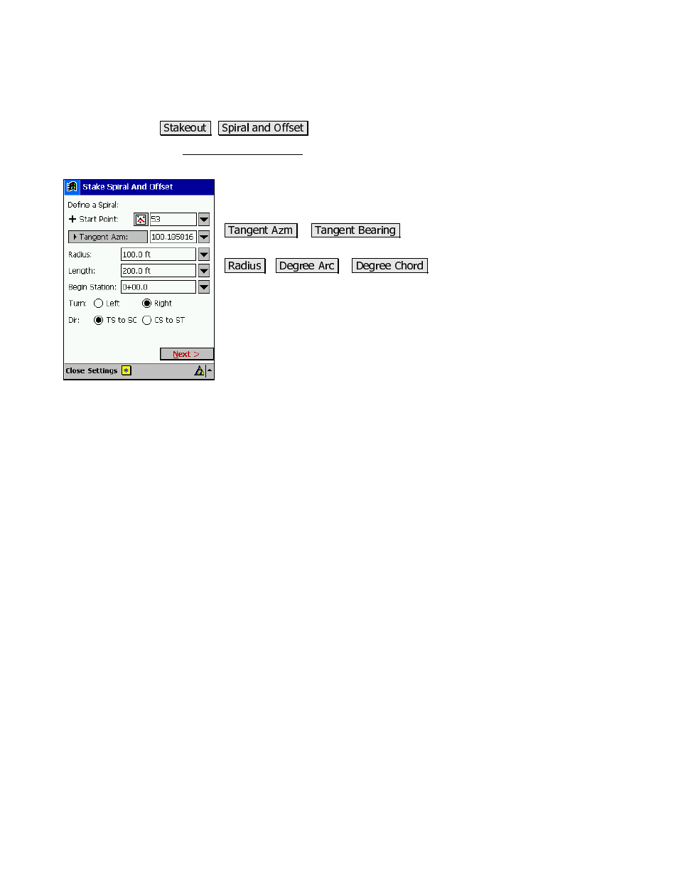 Stake spiral and offset | Spectra Precision Survey Pro v3.80 Recon iPAQ Reference Manual User Manual | Page 147 / 261