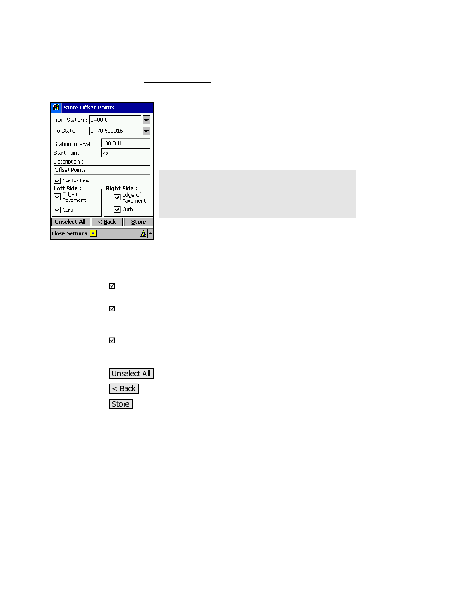 Store offset points – screen three | Spectra Precision Survey Pro v3.80 Recon iPAQ Reference Manual User Manual | Page 155 / 261