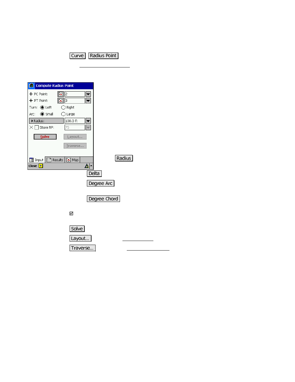 Compute radius point | Spectra Precision Survey Pro v3.80 Recon iPAQ Reference Manual User Manual | Page 195 / 261