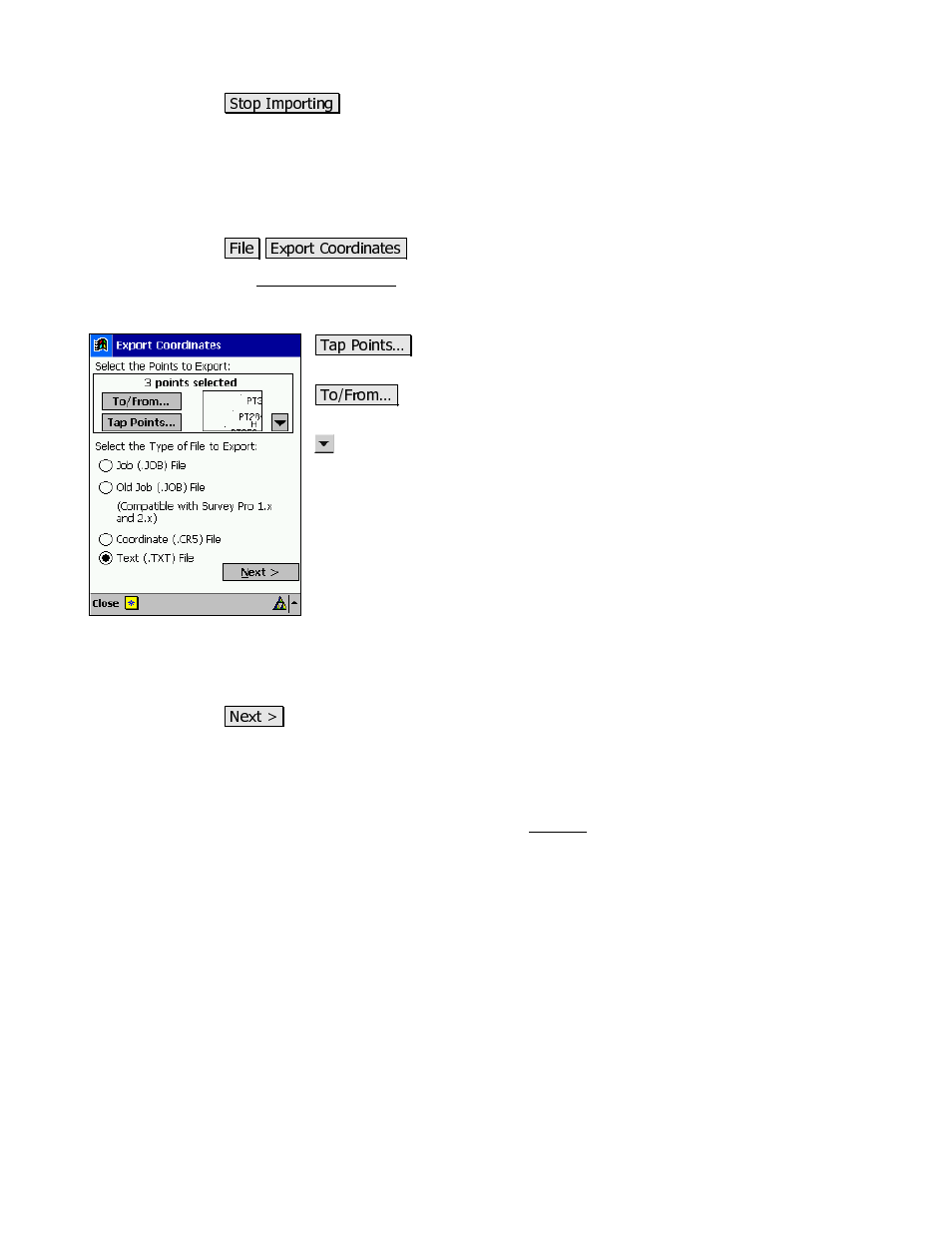 Export coordinates, Export *.job coordinates | Spectra Precision Survey Pro v3.80 Recon iPAQ Reference Manual User Manual | Page 23 / 261