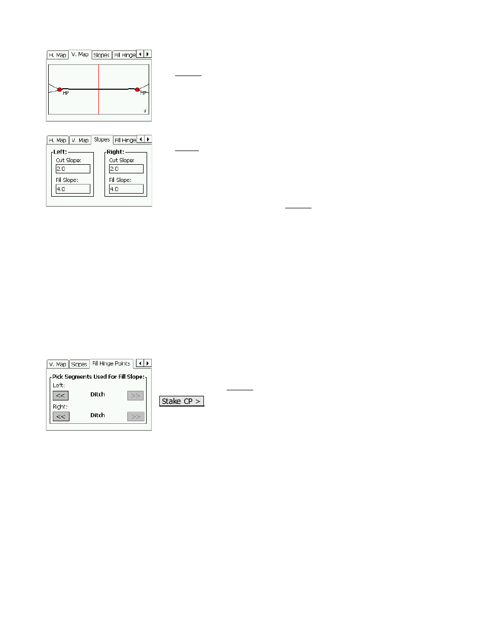 V. map card, Slopes card, Fill hinge points card | Spectra Precision Survey Pro v3.80 Recon iPAQ Reference Manual User Manual | Page 235 / 261