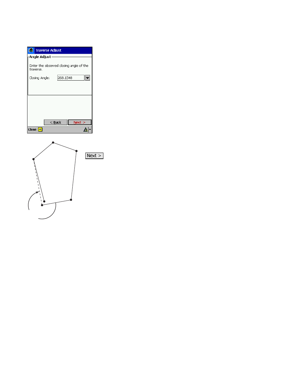 Traverse adjust – angle adjustment | Spectra Precision Survey Pro v3.80 Recon iPAQ Reference Manual User Manual | Page 245 / 261