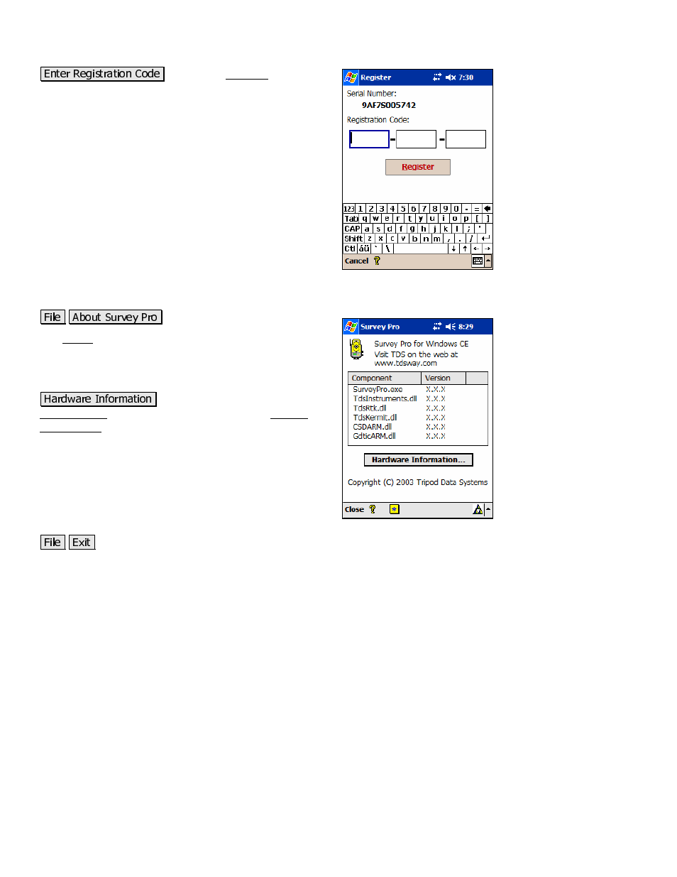 About survey pro, Exit | Spectra Precision Survey Pro v3.80 Recon iPAQ Reference Manual User Manual | Page 32 / 261