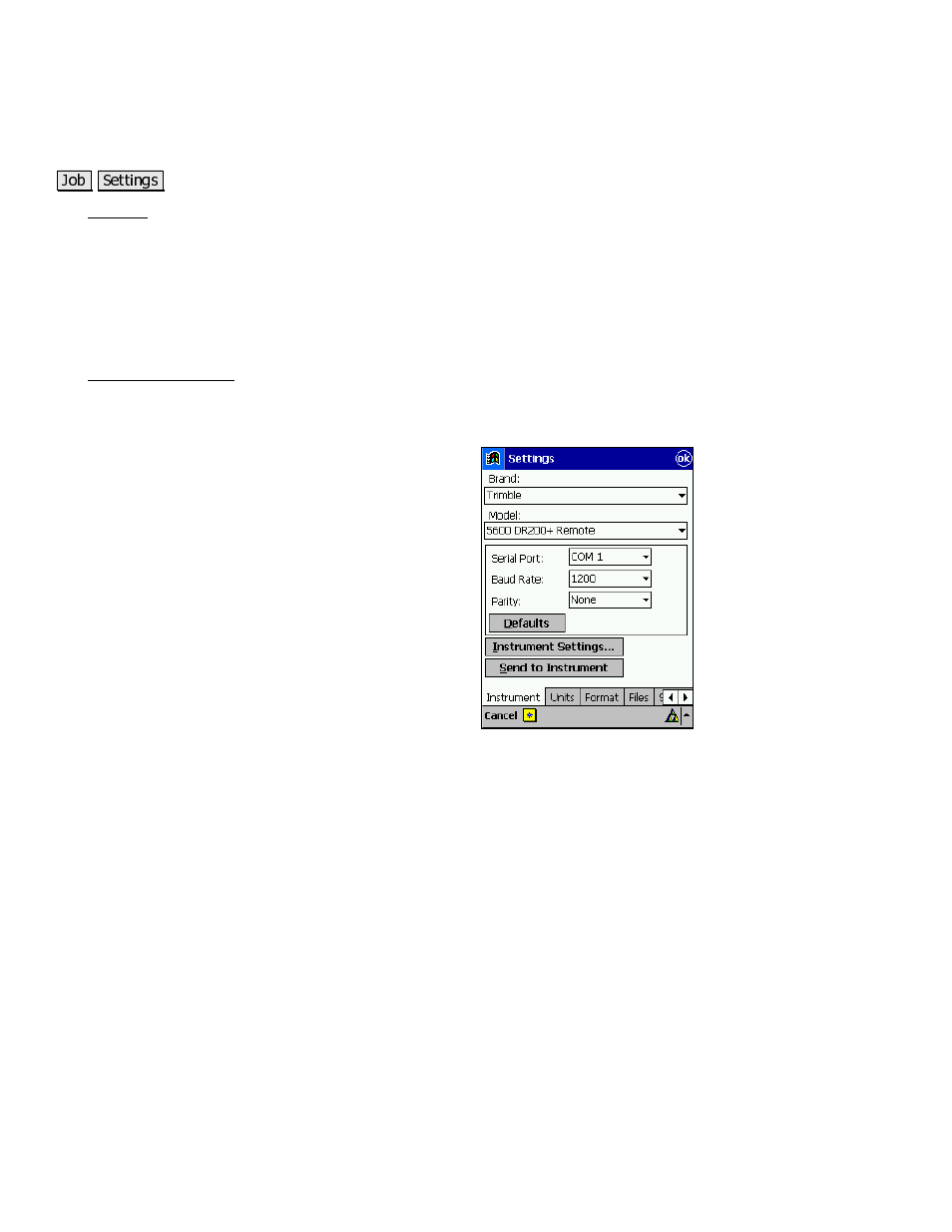 Settings, Instrument settings | Spectra Precision Survey Pro v3.80 Recon iPAQ Reference Manual User Manual | Page 34 / 261