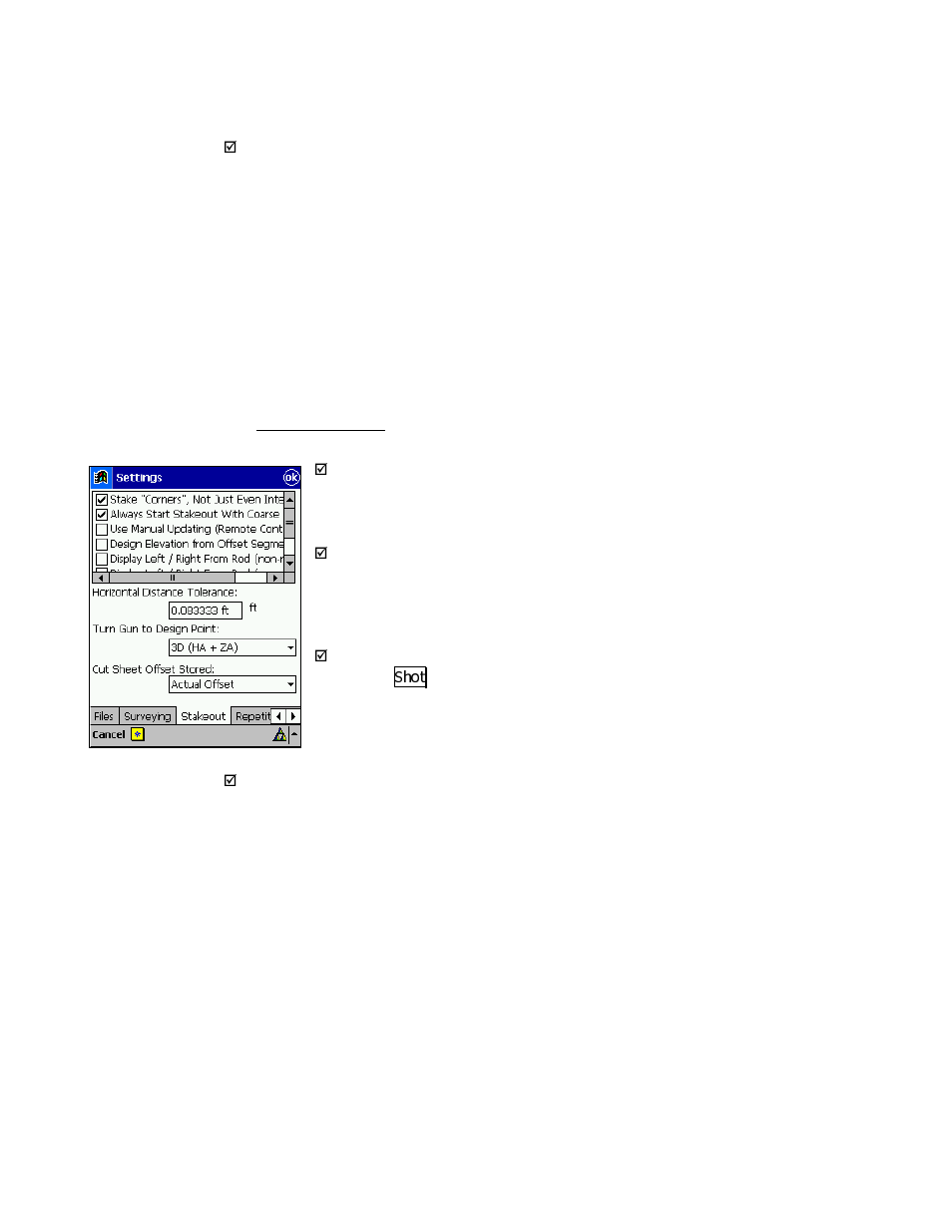 Stakeout settings | Spectra Precision Survey Pro v3.80 Recon iPAQ Reference Manual User Manual | Page 41 / 261