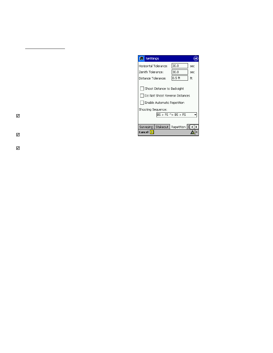 Repetition settings | Spectra Precision Survey Pro v3.80 Recon iPAQ Reference Manual User Manual | Page 44 / 261