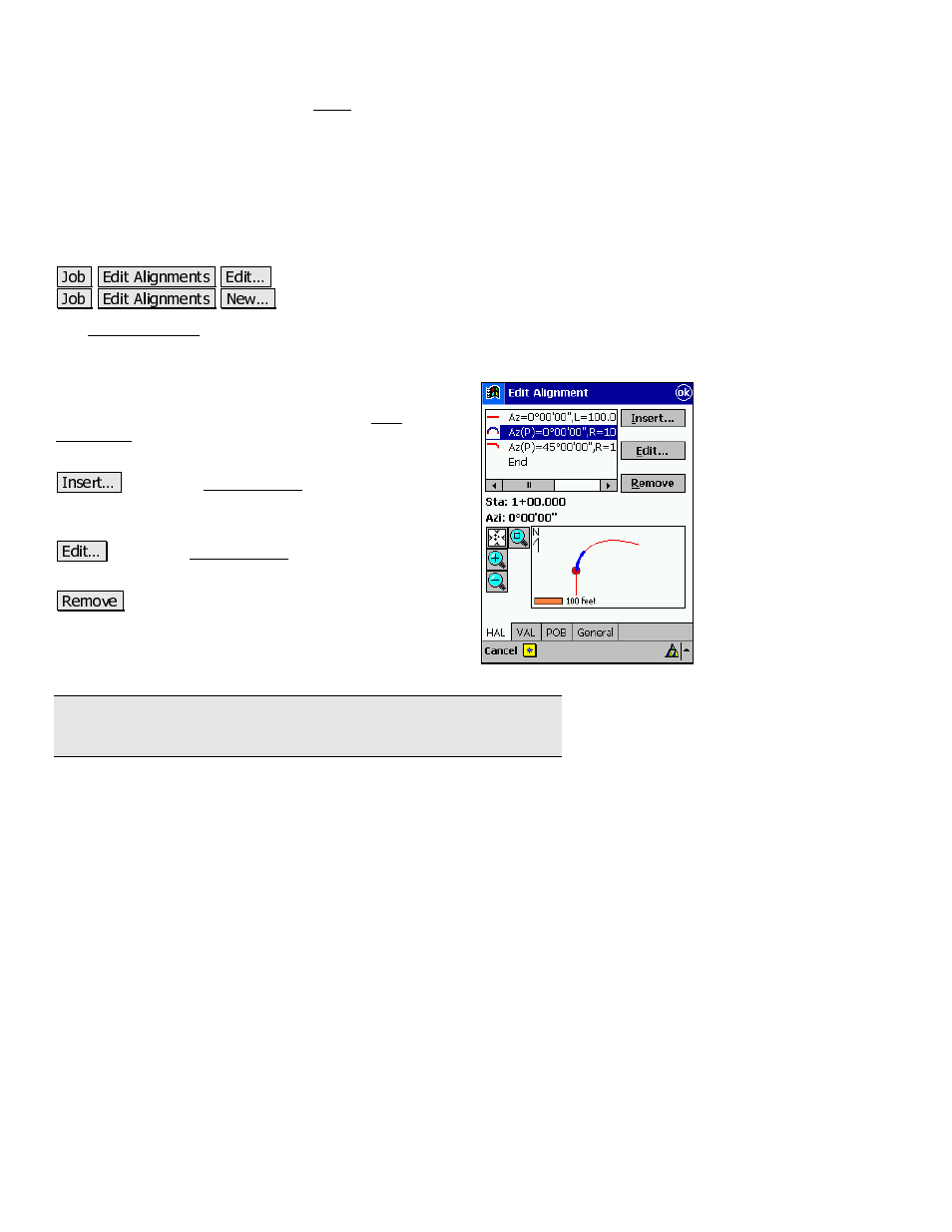 Edit alignment, Edit alignment screen – hal tab | Spectra Precision Survey Pro v3.80 Recon iPAQ Reference Manual User Manual | Page 58 / 261