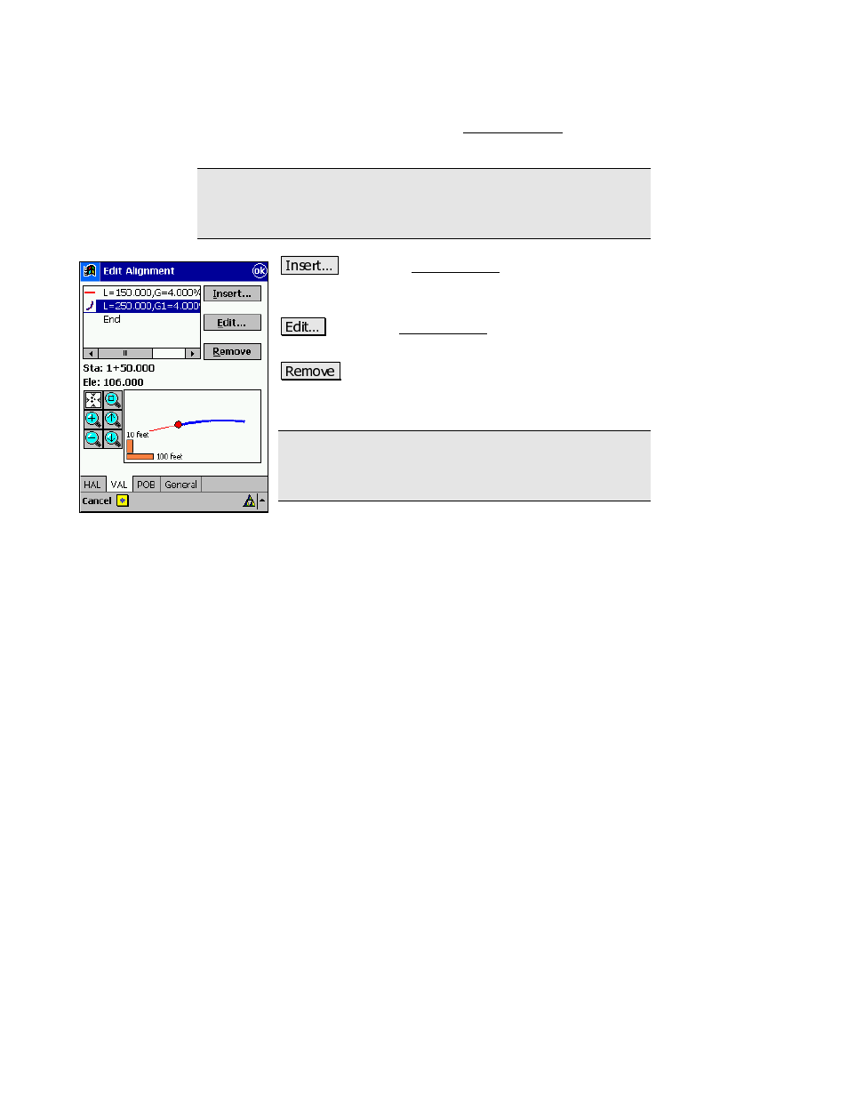 Edit alignment screen – val tab | Spectra Precision Survey Pro v3.80 Recon iPAQ Reference Manual User Manual | Page 59 / 261