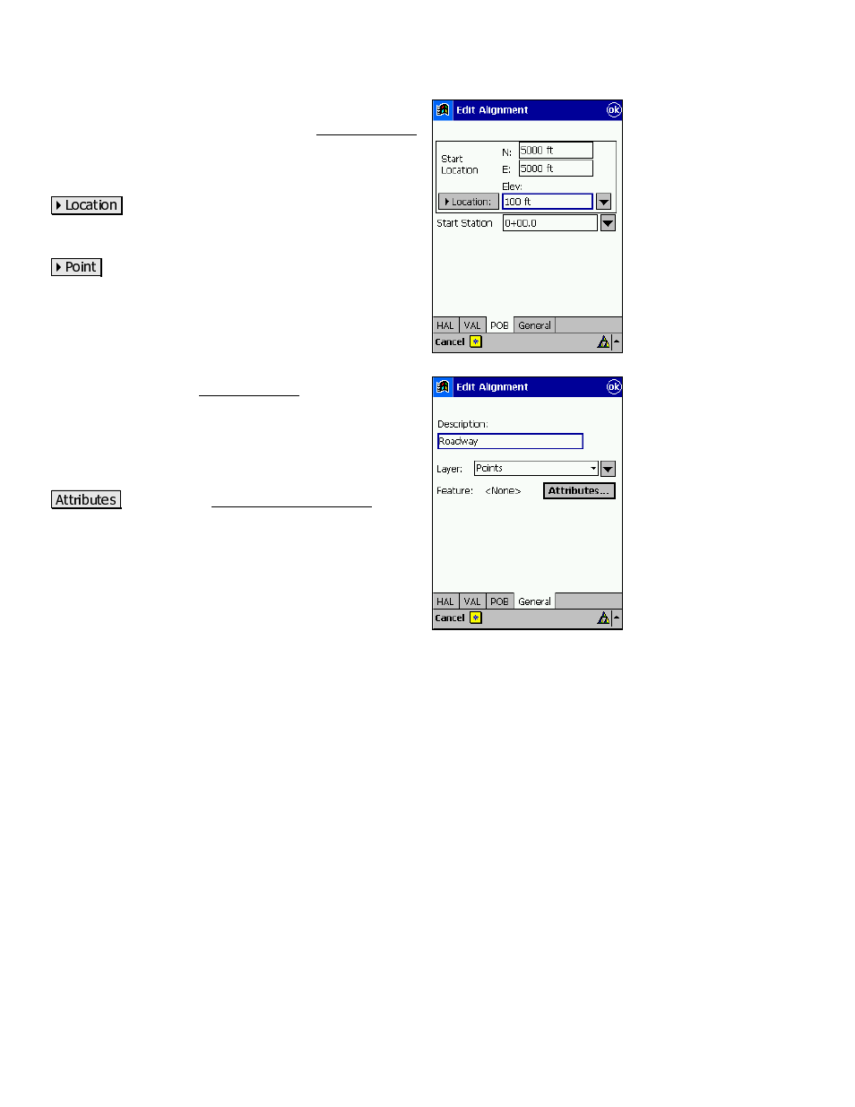 Edit alignment screen – pob tab, Edit alignment screen – general tab | Spectra Precision Survey Pro v3.80 Recon iPAQ Reference Manual User Manual | Page 60 / 261