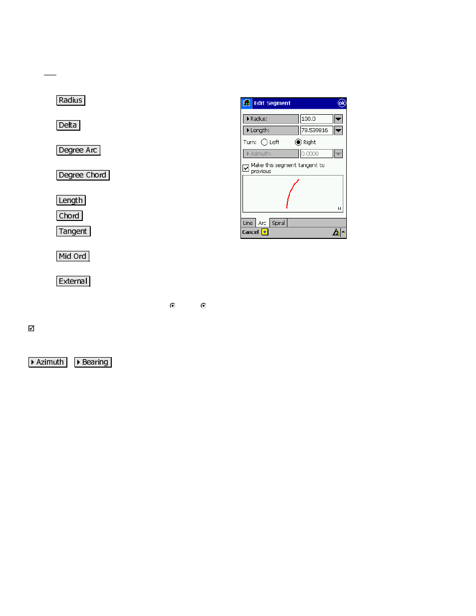 Edit segment – arc (horizontal curve) card | Spectra Precision Survey Pro v3.80 Recon iPAQ Reference Manual User Manual | Page 62 / 261