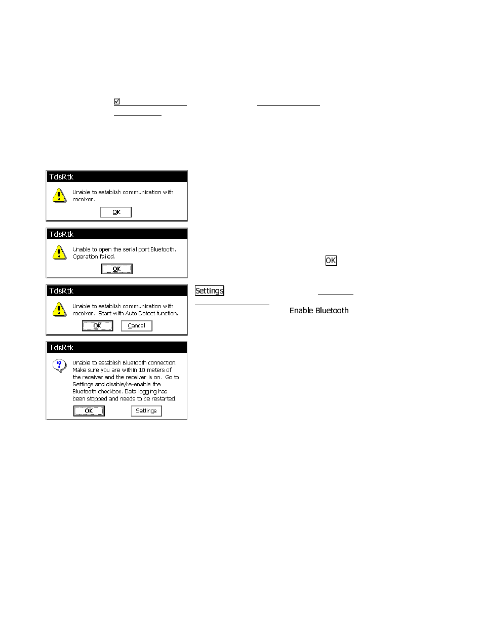 Recovering from signal loss, Bluetooth error messages | Spectra Precision Survey Pro v3.80 Ranger GPS User Manual User Manual | Page 65 / 97