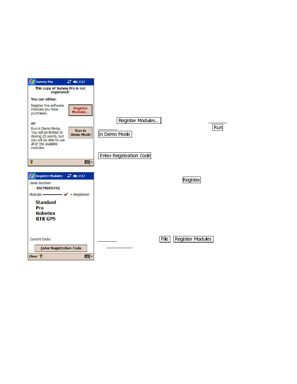 Registering | Spectra Precision Survey Pro v3.80 Recon iPAQ User Manual User Manual | Page 13 / 178