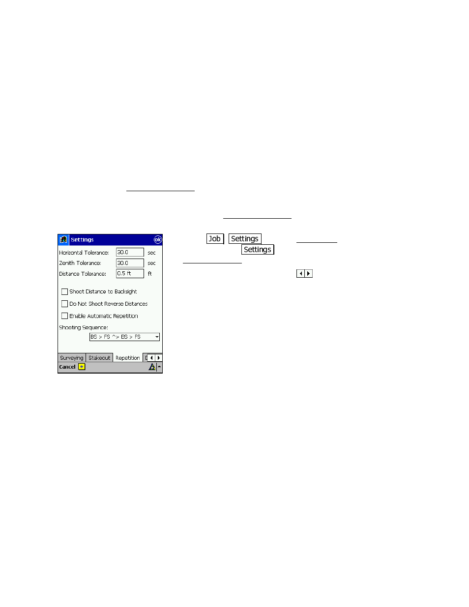 Repetition shots, Repetition settings screen | Spectra Precision Survey Pro v3.80 Recon iPAQ User Manual User Manual | Page 131 / 178