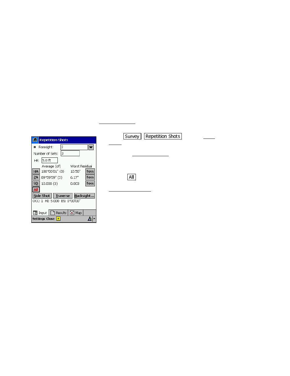Repetition shots screen | Spectra Precision Survey Pro v3.80 Recon iPAQ User Manual User Manual | Page 133 / 178