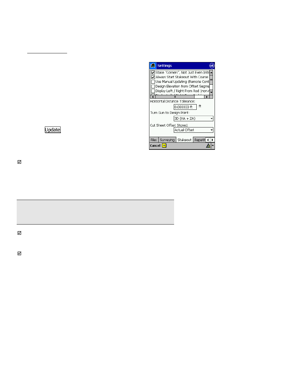 Stakeout settings | Spectra Precision Survey Pro v3.80 Recon iPAQ User Manual User Manual | Page 36 / 178