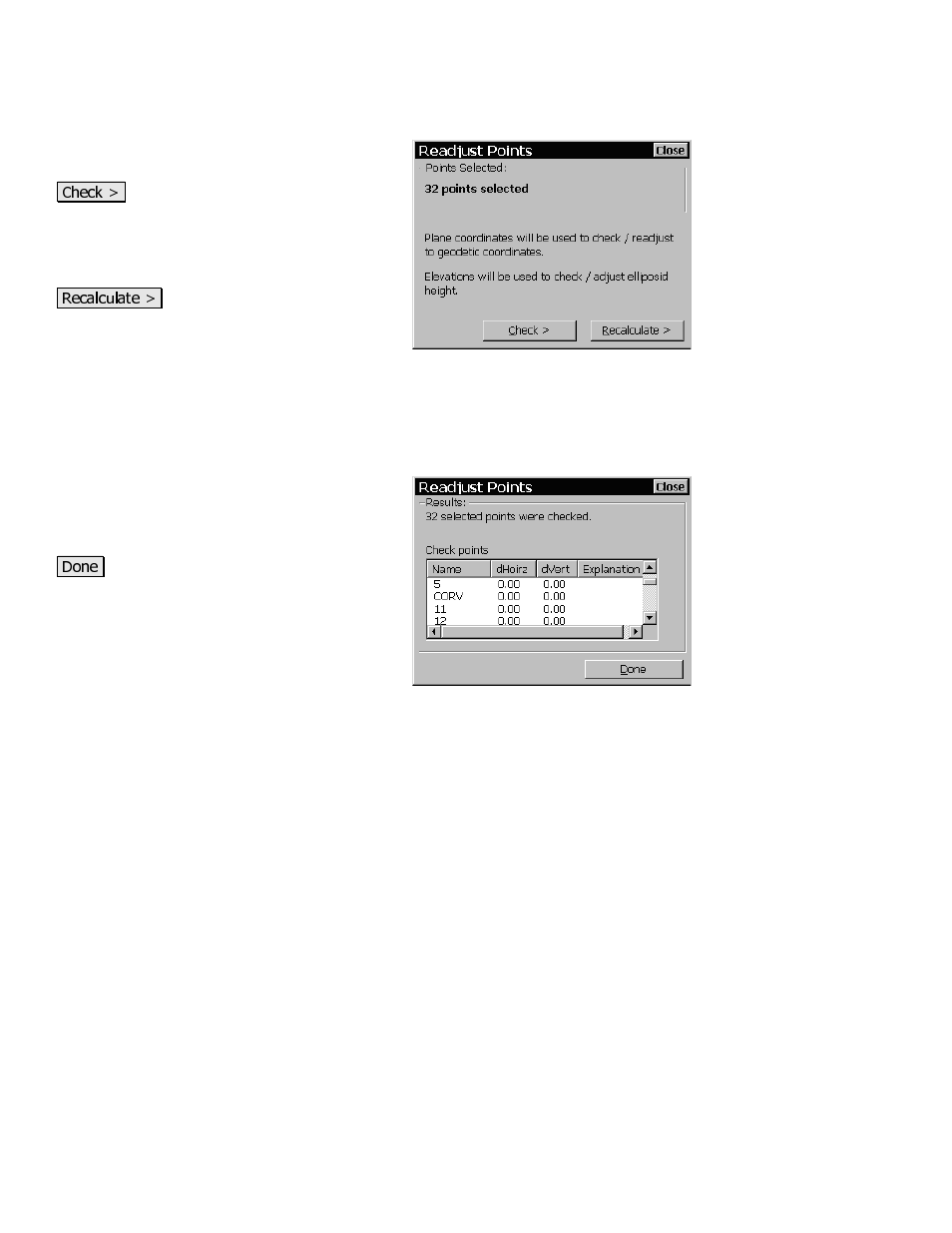 Readjust points: plane to geodetic – screen two, Readjust points: plane to geodetic – check results | Spectra Precision Survey Pro CE v3.80 Ranger GPS Reference Manual User Manual | Page 64 / 93