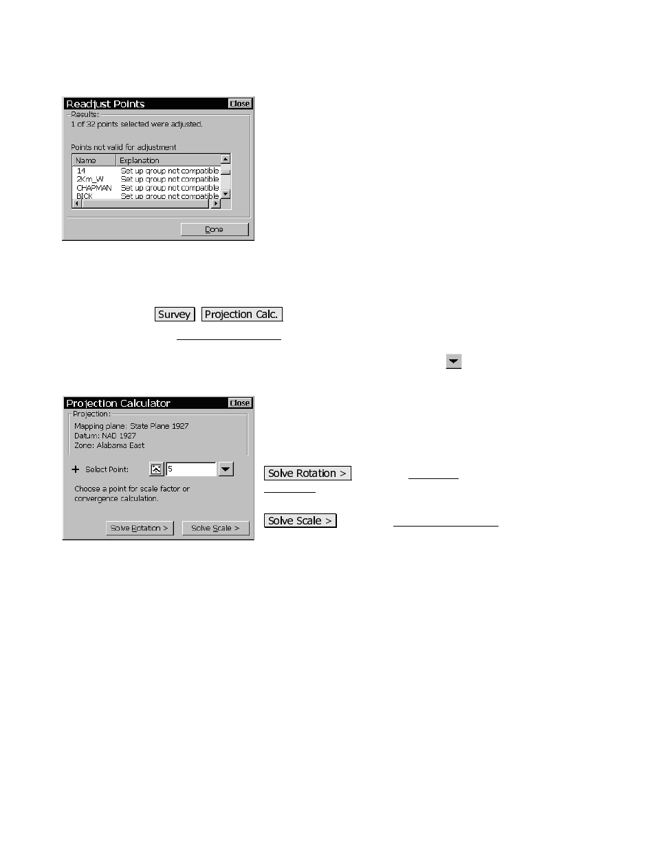 Projection calculator, Readjust points – recalculate results | Spectra Precision Survey Pro CE v3.80 Ranger GPS Reference Manual User Manual | Page 65 / 93
