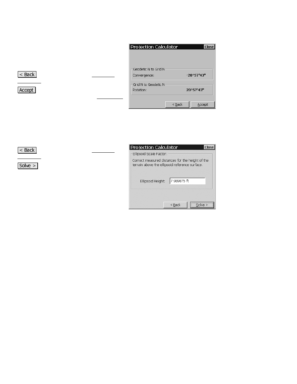 Projection calculator – rotation, Projection calculator – scale – height correction | Spectra Precision Survey Pro CE v3.80 Ranger GPS Reference Manual User Manual | Page 66 / 93