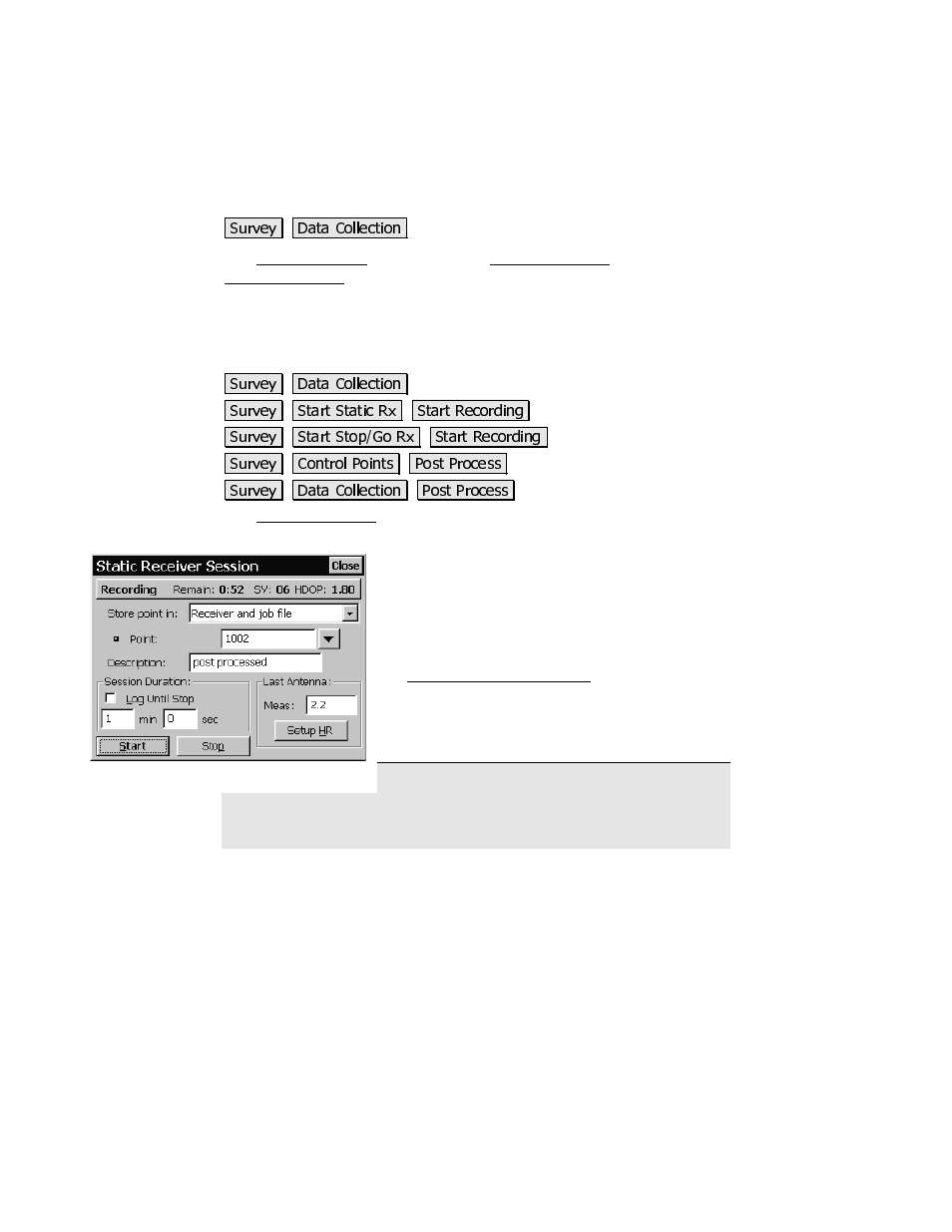 Data collection, Receiver session screen | Spectra Precision Survey Pro CE v3.80 Ranger GPS Reference Manual User Manual | Page 73 / 93