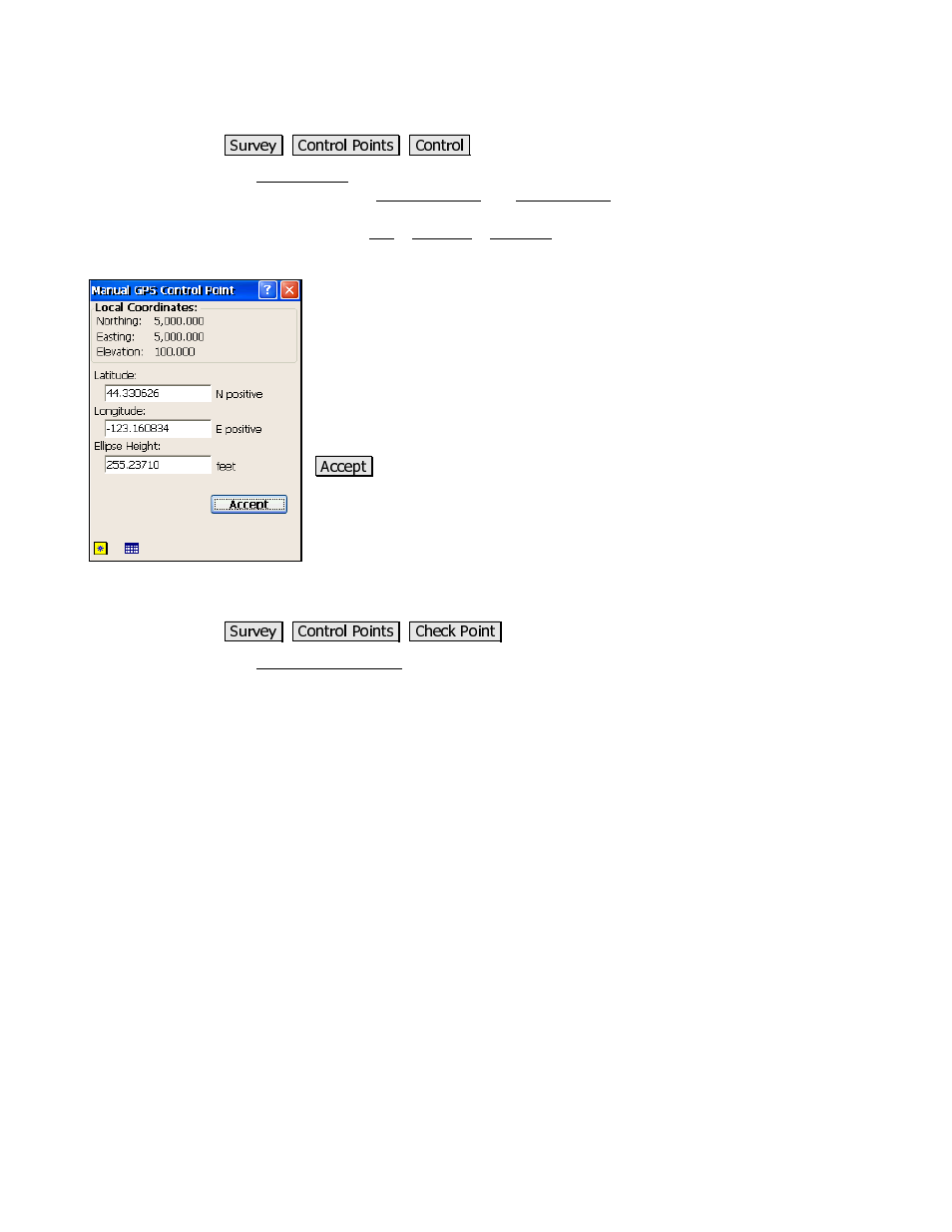 Manual entry gps, Check control point screen | Spectra Precision Survey Pro 3.80 Recon GPS Reference Manual User Manual | Page 33 / 99