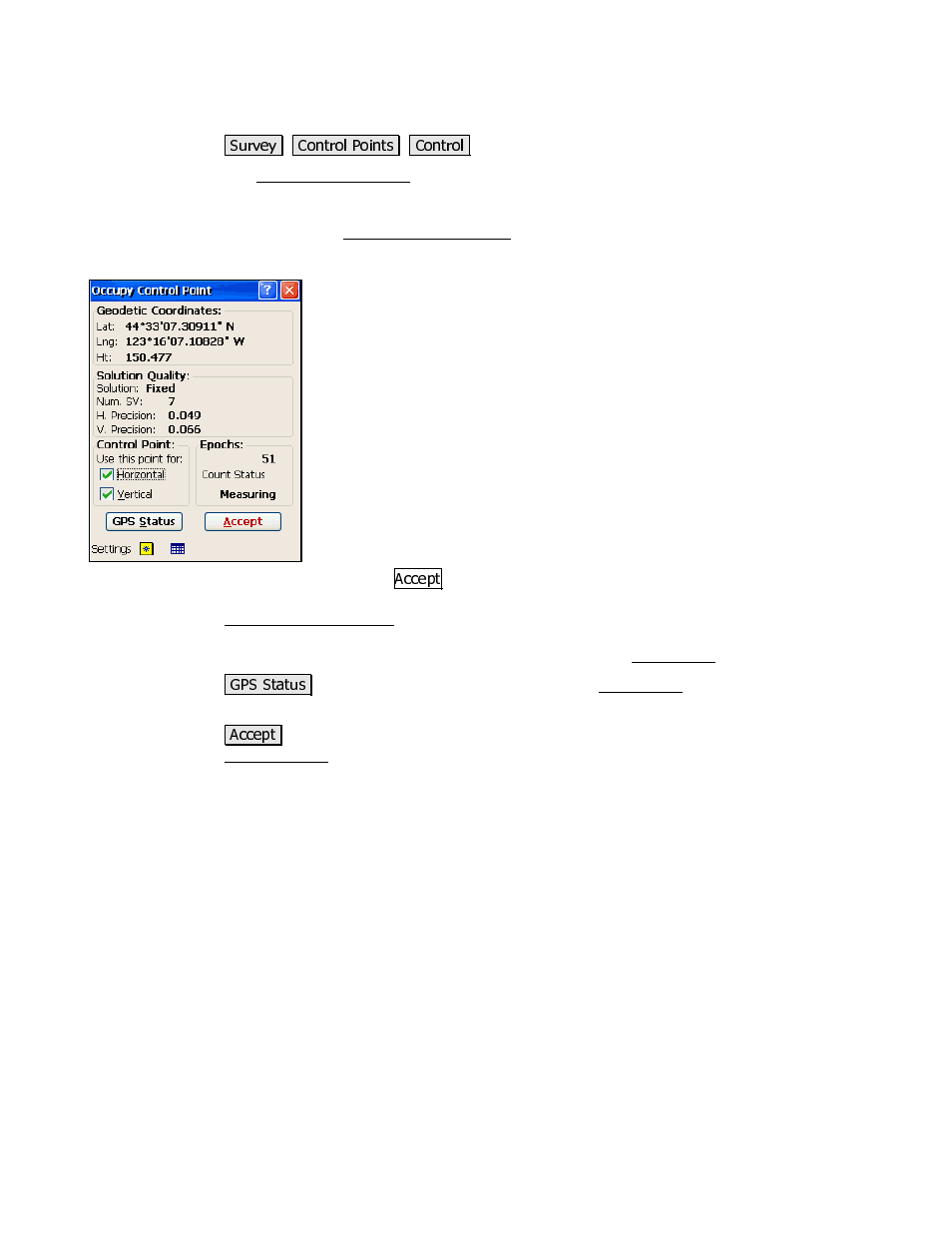 Occupy control point screen | Spectra Precision Survey Pro 3.80 Recon GPS Reference Manual User Manual | Page 35 / 99