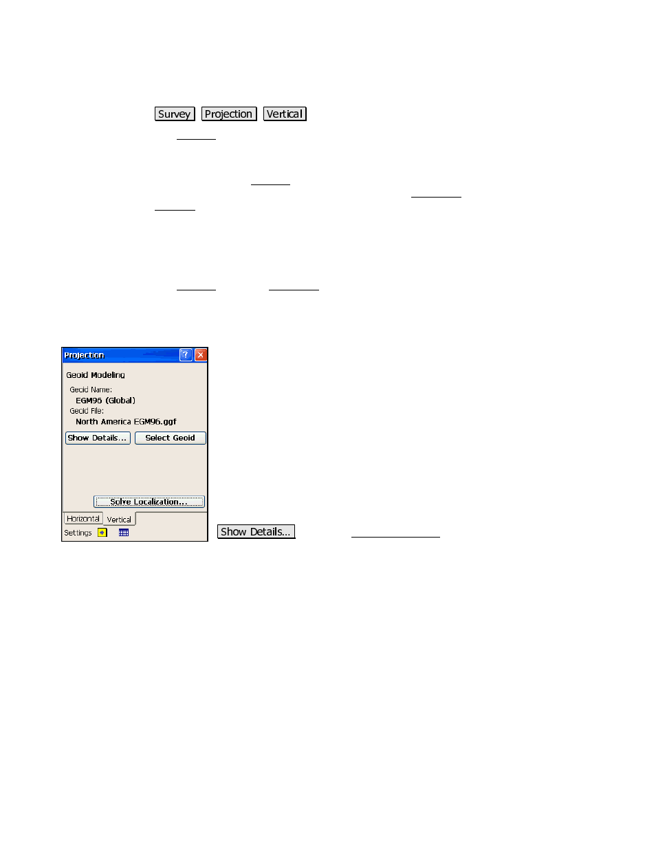 Vertical card, Localization (+geoid) | Spectra Precision Survey Pro 3.80 Recon GPS Reference Manual User Manual | Page 59 / 99