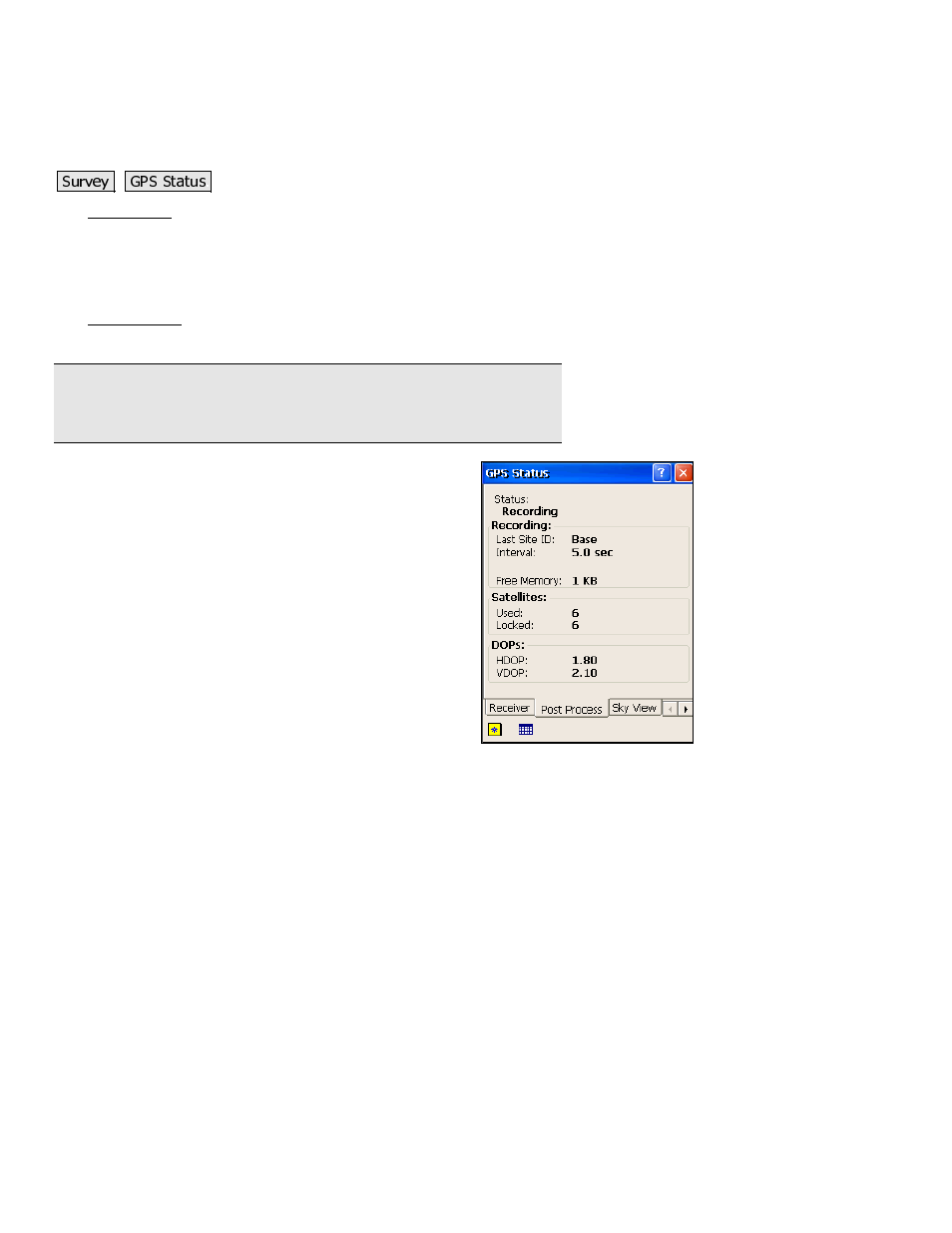 Gps status, Post process | Spectra Precision Survey Pro 3.80 Recon GPS Reference Manual User Manual | Page 72 / 99