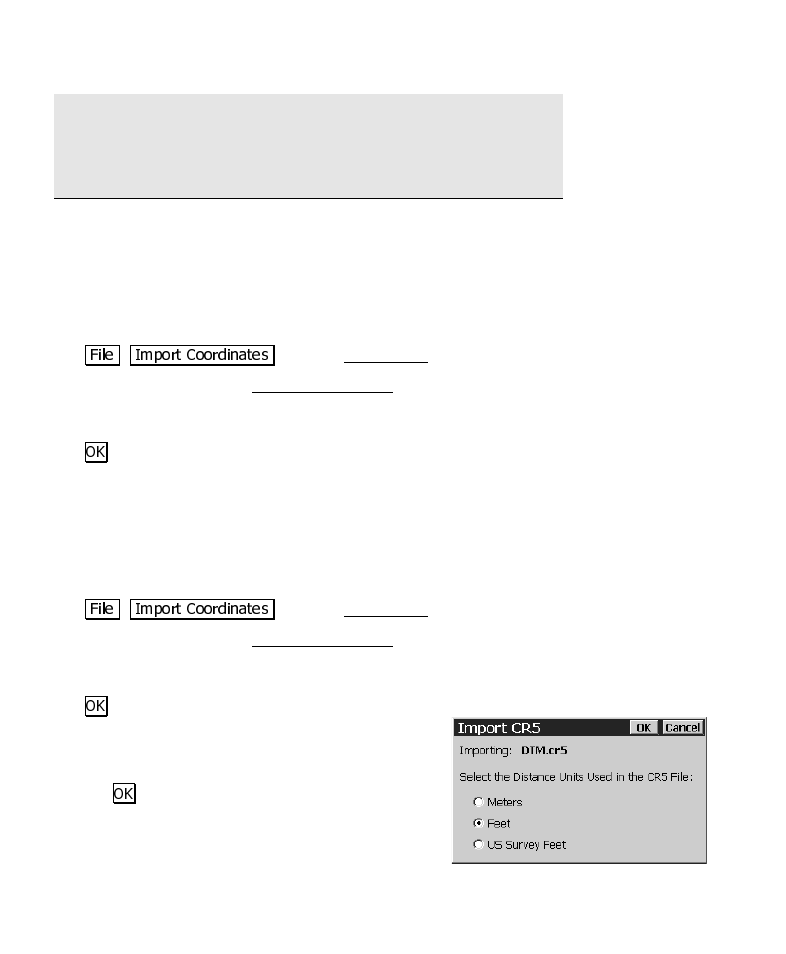 Importing *.job coordinates, Importing *.cr5 coordinates | Spectra Precision Survey Pro CE v3.6 User Manual User Manual | Page 104 / 407