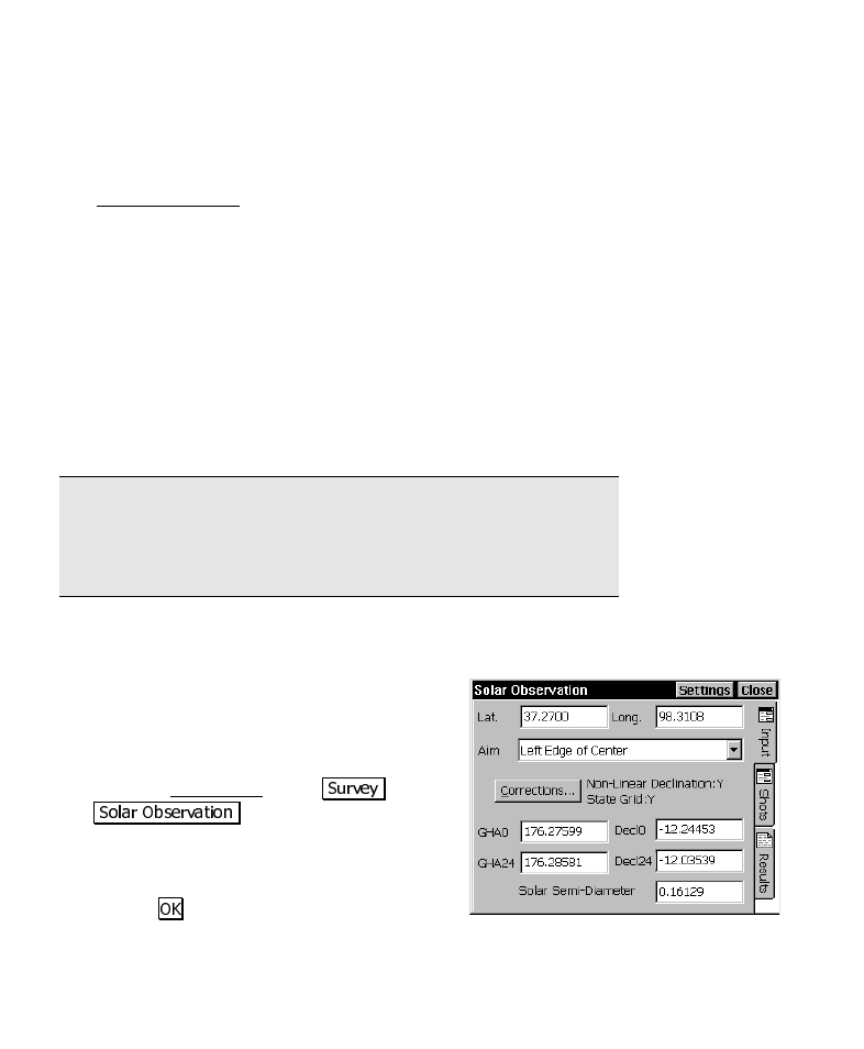 Solar observations, Performing a sun shot, Warning | Spectra Precision Survey Pro CE v3.6 User Manual User Manual | Page 116 / 407