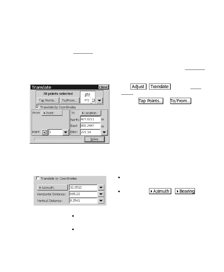 Translate adjustment, Translate by distance and direction | Spectra Precision Survey Pro CE v3.6 User Manual User Manual | Page 145 / 407