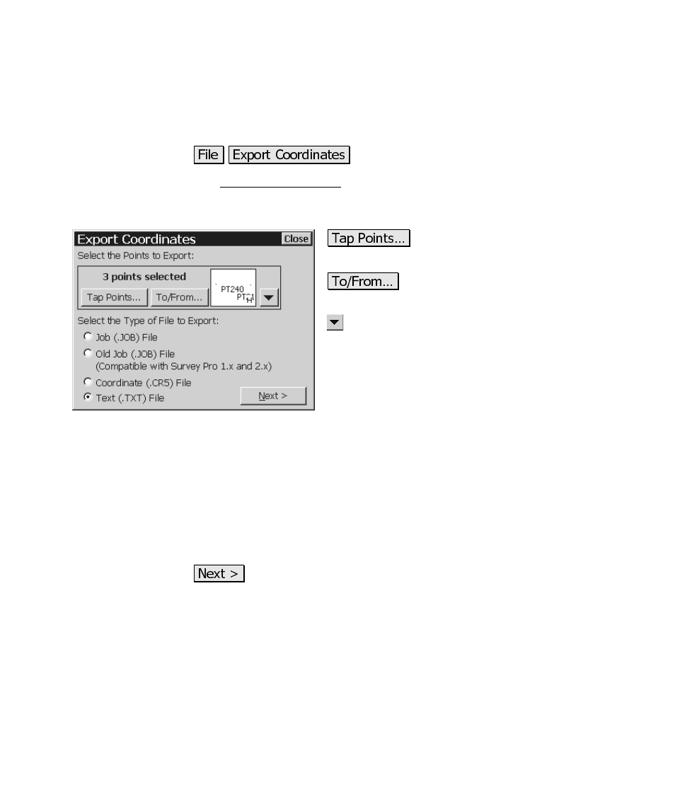 Export coordinates | Spectra Precision Survey Pro CE v3.6 User Manual User Manual | Page 172 / 407