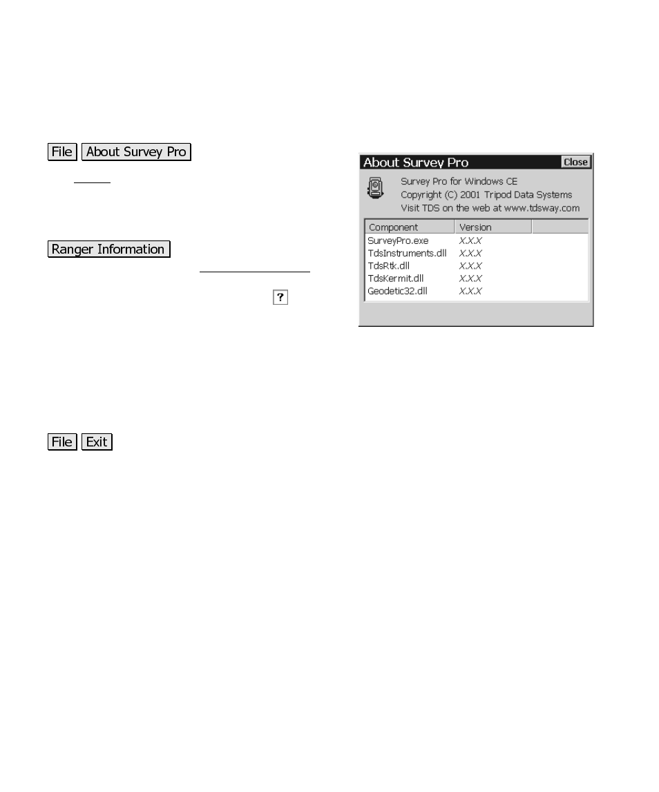 About survey pro, Exit | Spectra Precision Survey Pro CE v3.6 User Manual User Manual | Page 181 / 407