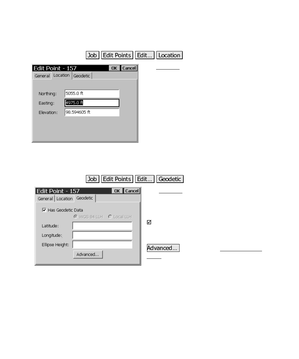 Edit point – location, Edit point – geodetic | Spectra Precision Survey Pro CE v3.6 User Manual User Manual | Page 198 / 407