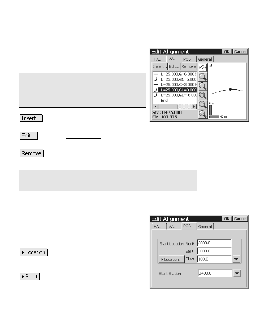 Edit alignment screen – val tab, Edit alignment screen – pob tab | Spectra Precision Survey Pro CE v3.6 User Manual User Manual | Page 207 / 407