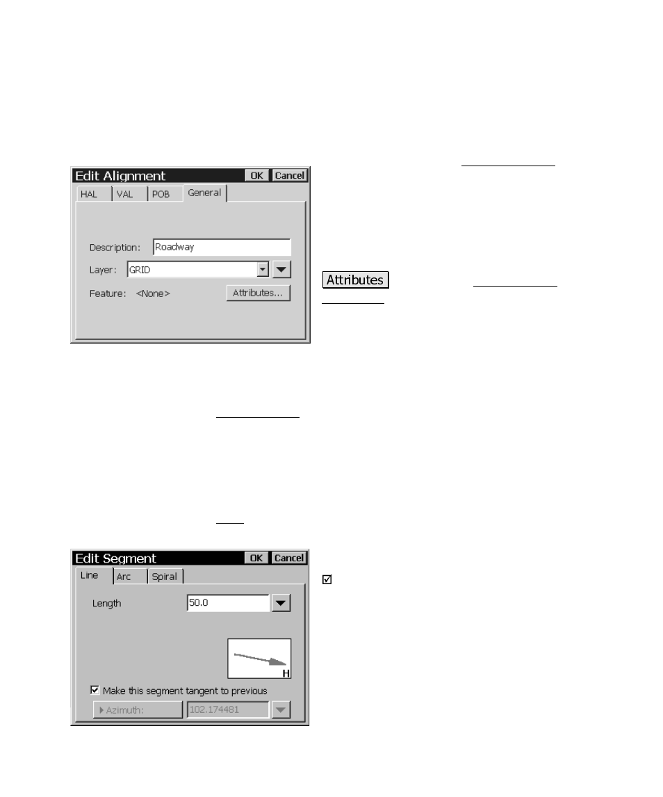 Edit segment, Edit alignment screen – general tab, Edit segment – line card | Spectra Precision Survey Pro CE v3.6 User Manual User Manual | Page 208 / 407