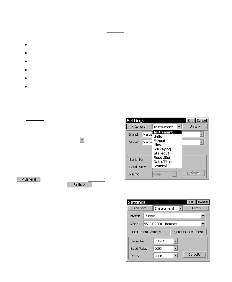 Navigating to the screens, Instrument settings page | Spectra Precision Survey Pro CE v3.6 User Manual User Manual | Page 22 / 407