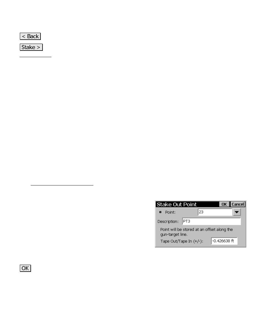 Screen summary, Stake out point (tape offset) dialog box | Spectra Precision Survey Pro CE v3.6 User Manual User Manual | Page 291 / 407