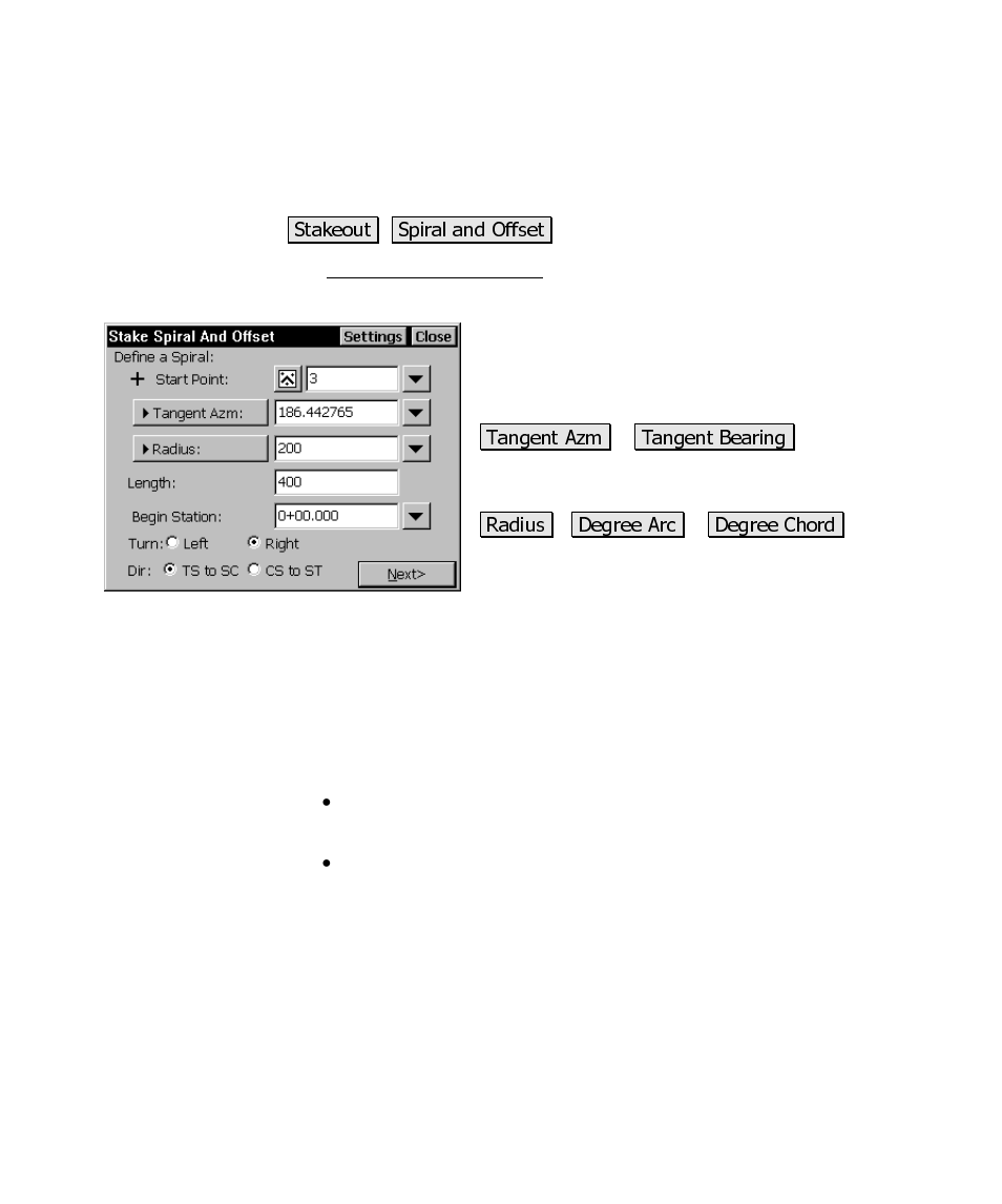 Stake spiral and offset | Spectra Precision Survey Pro CE v3.6 User Manual User Manual | Page 292 / 407