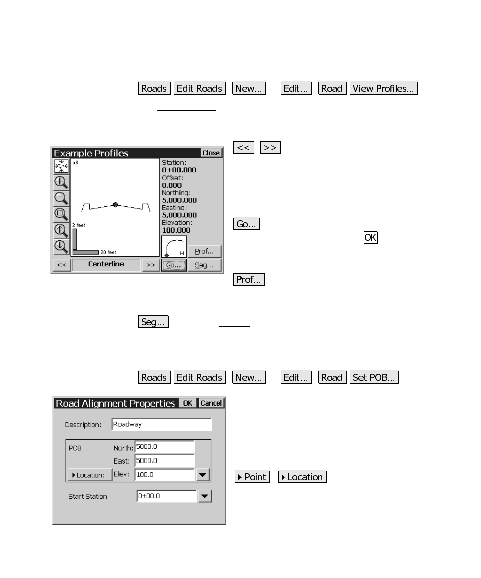 Road profiles screen, Road alignment properties screen | Spectra Precision Survey Pro CE v3.6 User Manual User Manual | Page 366 / 407