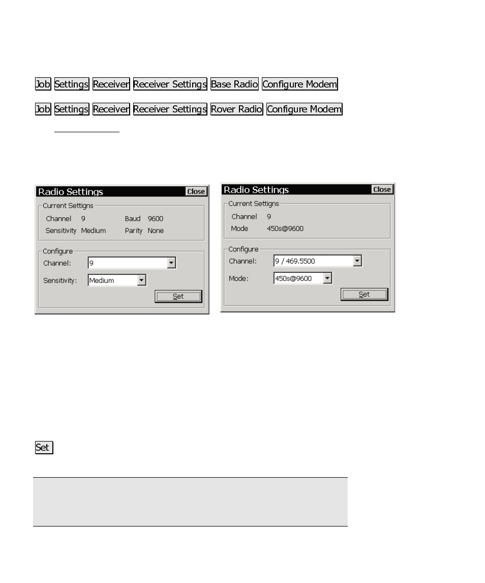 Radio settings screen | Spectra Precision Survey Pro CE v3.60 GPS User Manual User Manual | Page 111 / 187