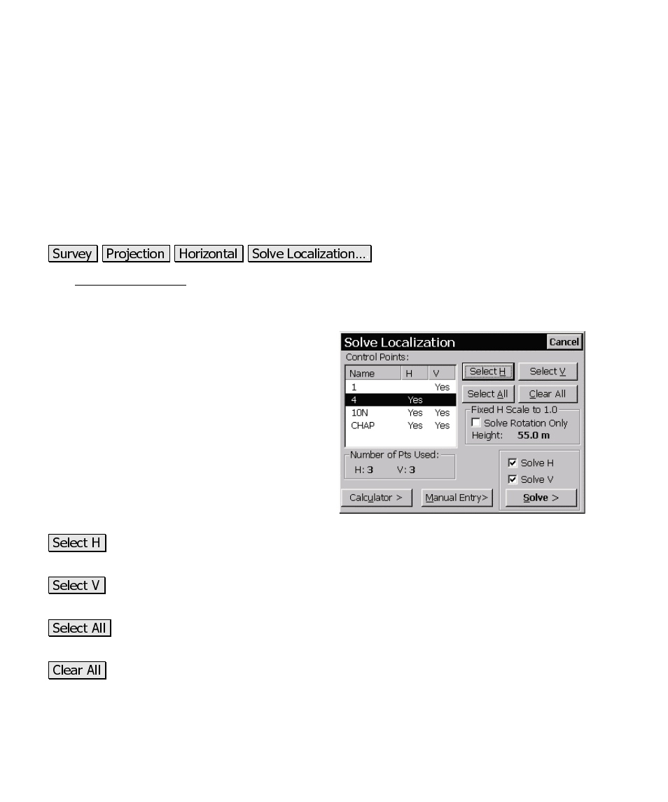 Solve localization, Solve localization – control points | Spectra Precision Survey Pro CE v3.60 GPS User Manual User Manual | Page 143 / 187