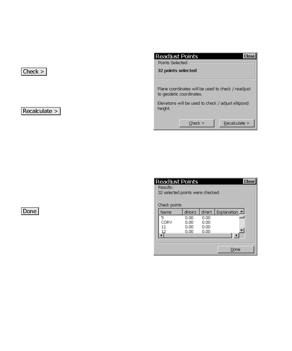 Readjust points: plane to geodetic – screen two, Readjust points: plane to geodetic – check results | Spectra Precision Survey Pro CE v3.60 GPS User Manual User Manual | Page 157 / 187