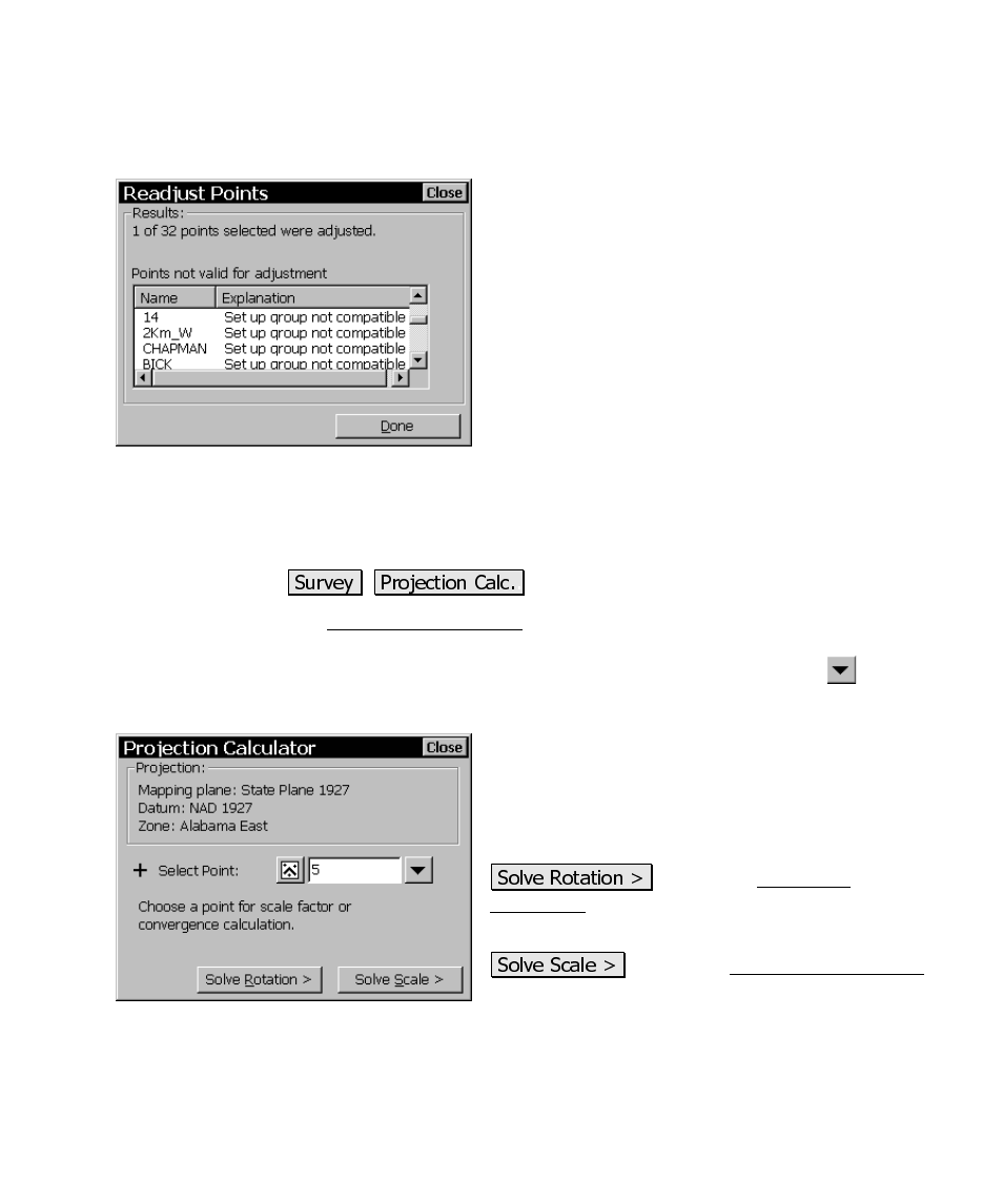 Projection calculator, Readjust points – recalculate results | Spectra Precision Survey Pro CE v3.60 GPS User Manual User Manual | Page 158 / 187