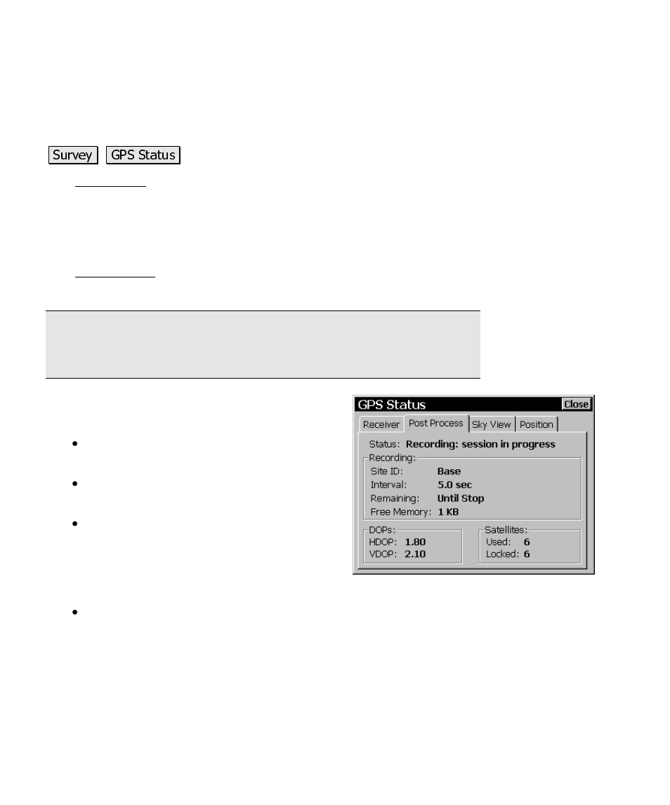 Gps status, Post process | Spectra Precision Survey Pro CE v3.60 GPS User Manual User Manual | Page 163 / 187